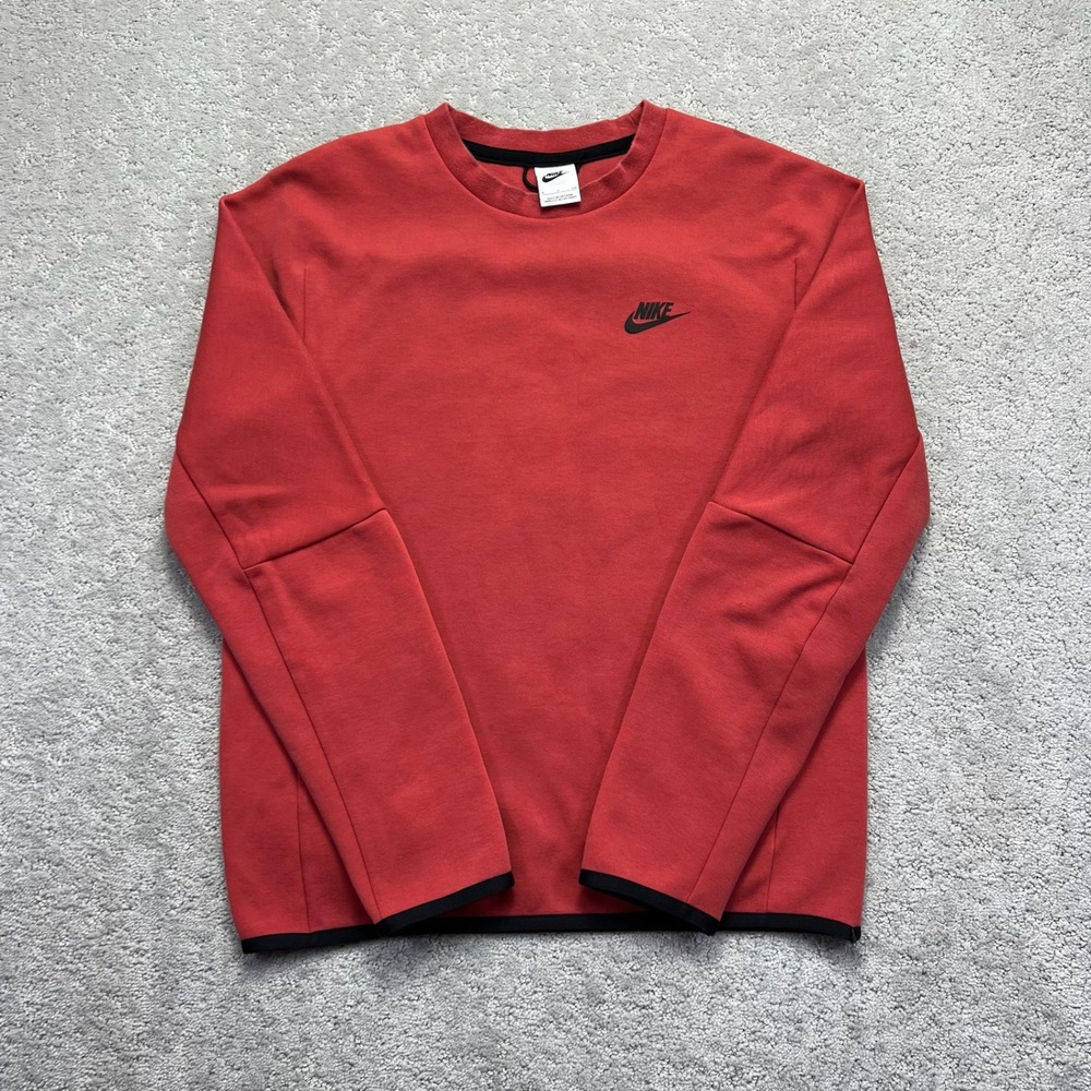 Nike Sweatshirt Mens Small Red Black Zipper Sleeve Pocket Tech Fleece Crewneck